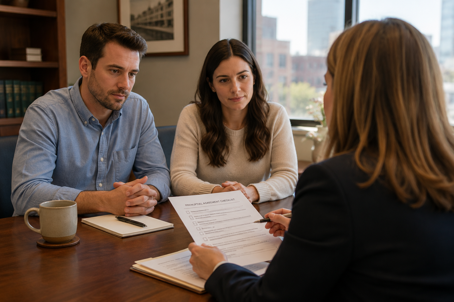 Couple reviewing prenuptial agreement lawyer tips during a calm legal consultation