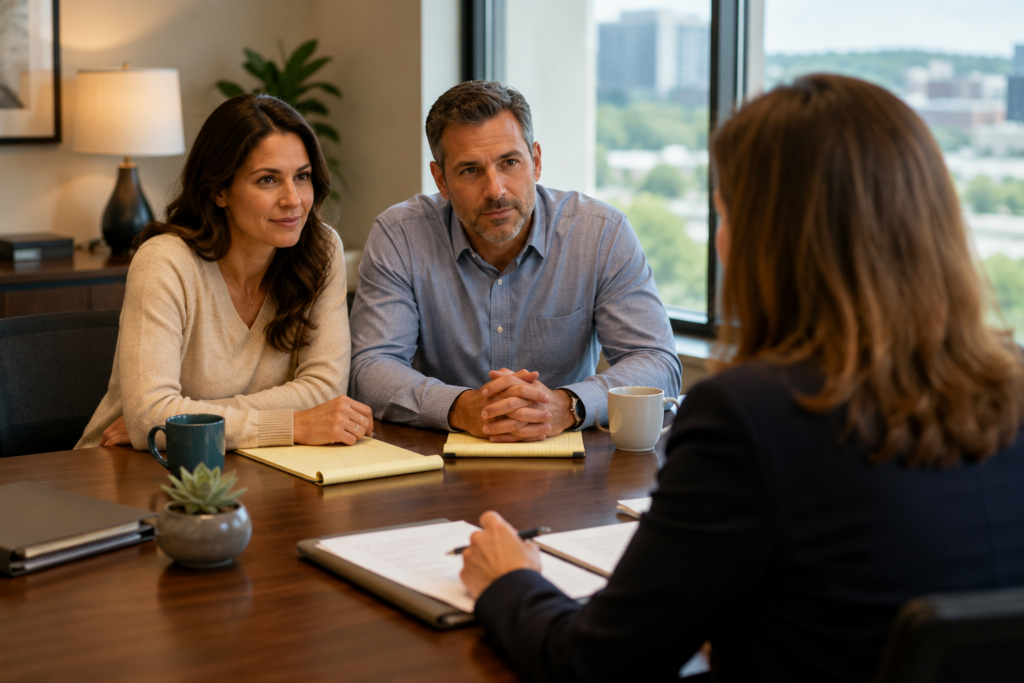 Collaborative divorce lawyer meeting with clients to discuss avoiding court