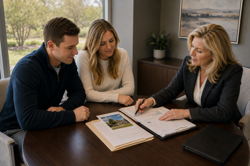 Experienced prenuptial agreement lawyer reviewing inheritance concerns with an engaged couple during a prenuptial agreement consultation
