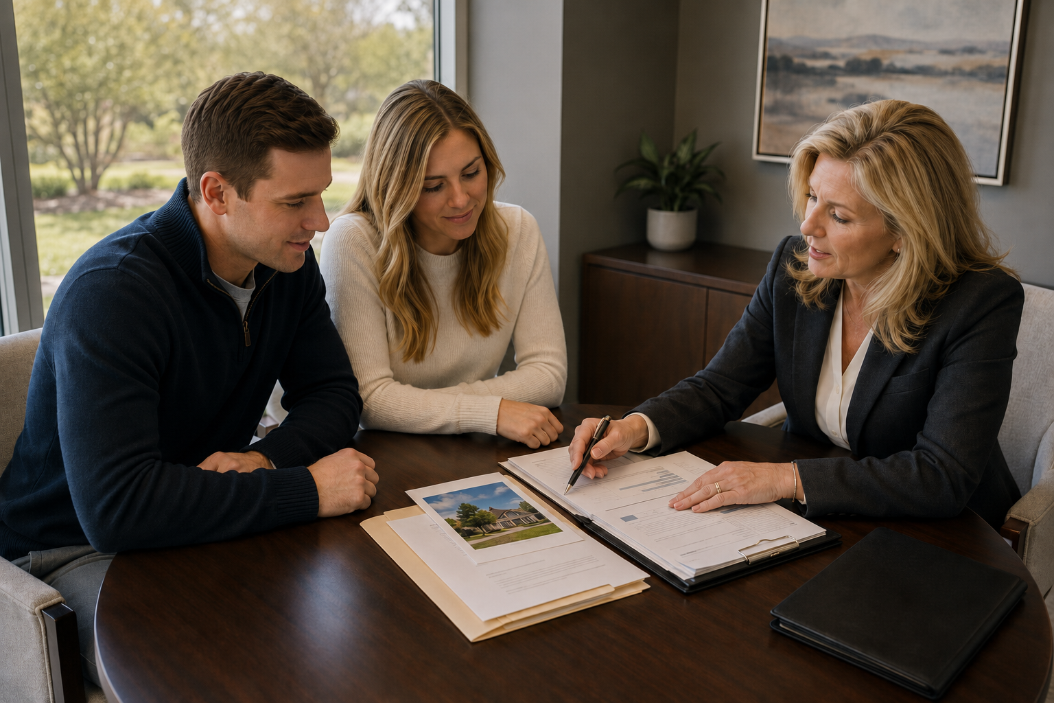 Experienced prenuptial agreement lawyer reviewing inheritance concerns with an engaged couple during a prenuptial agreement consultation