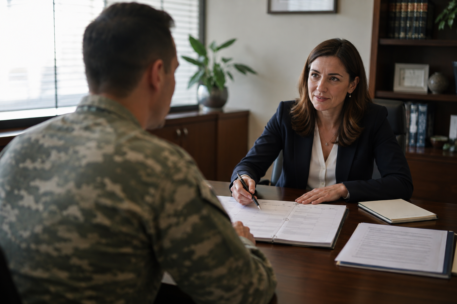 Military parent discussing child custody planning with a family law attorney during a professional consultation.