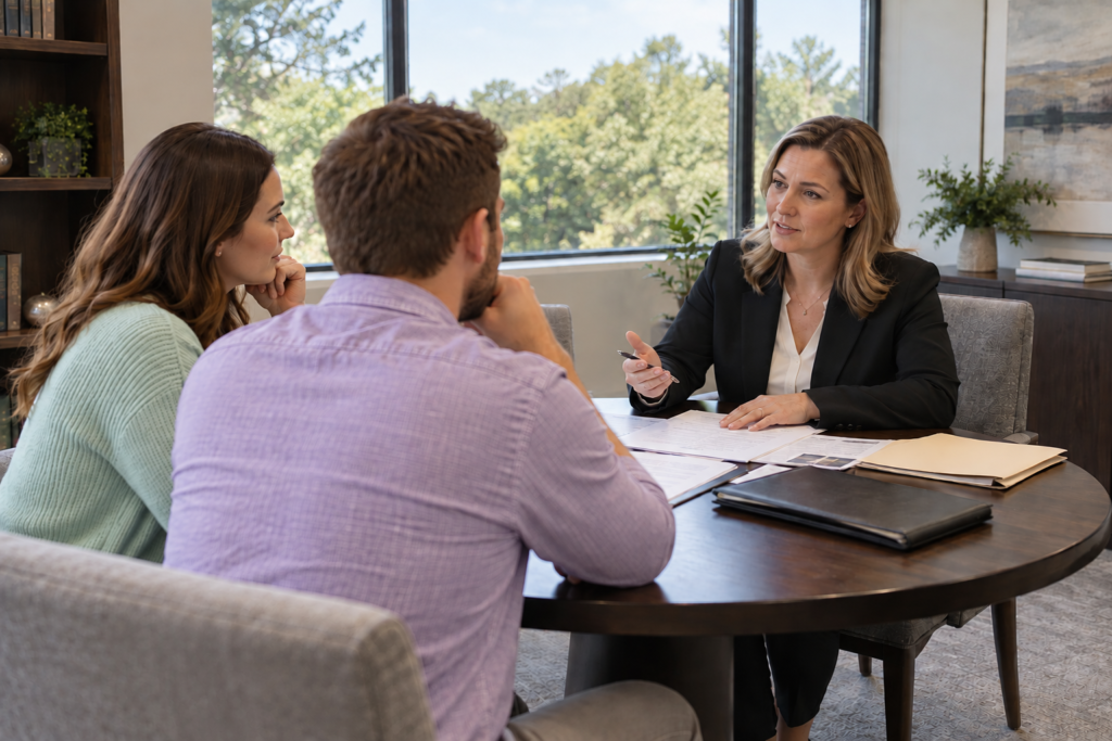 Engaged couple discussing inheritance protection and a prenuptial agreement with a family law attorney